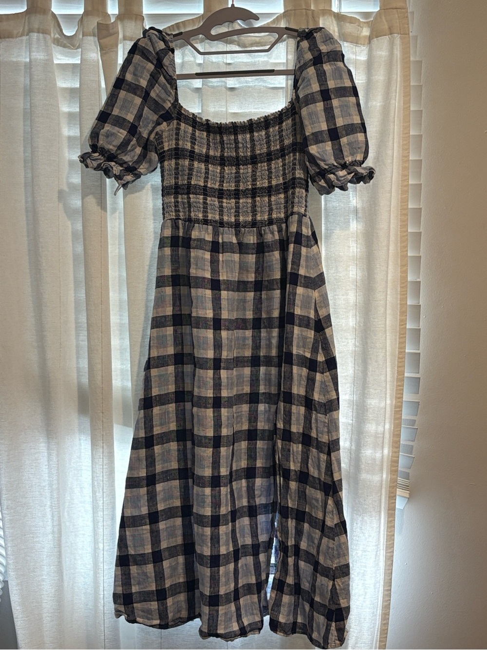 Reformation 100% Linen Midi Dress Marabella Smocked Plaid Quiet Luxury M